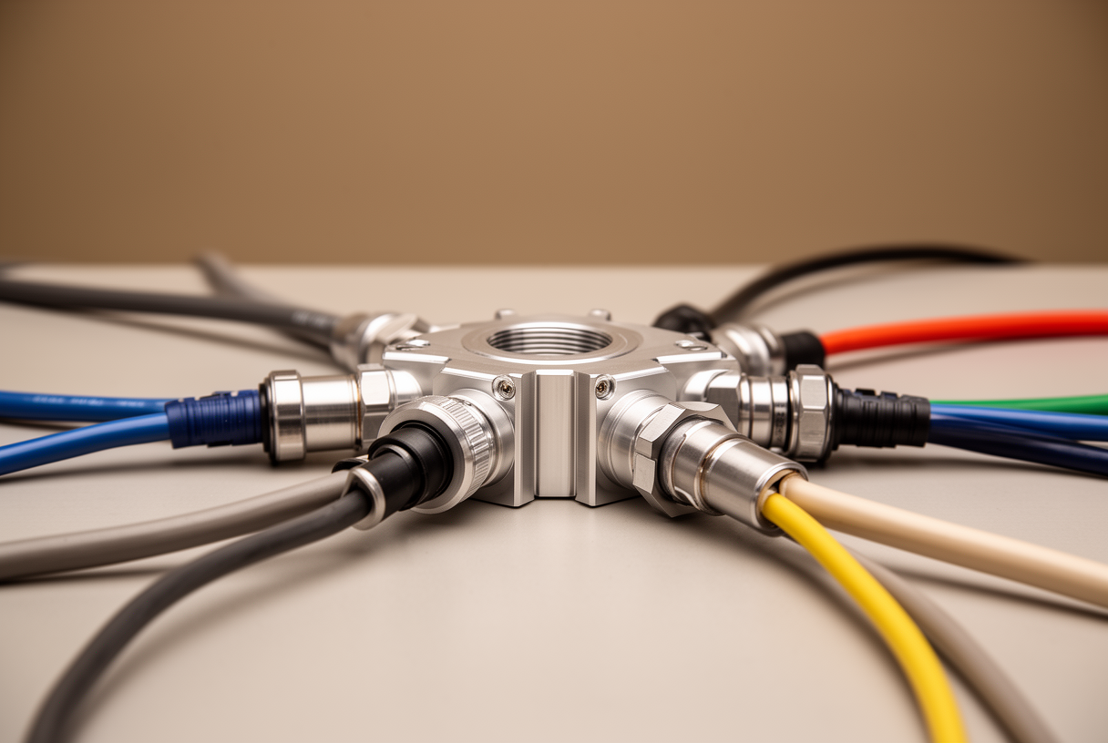 Adaptateur métallique central reliant quatre câbles aux connecteurs différents