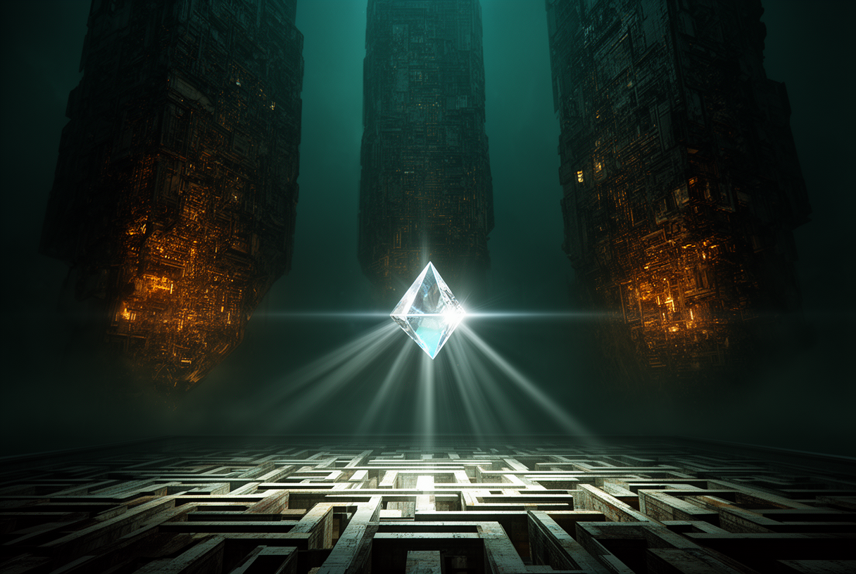 Prisme cristallin illuminant un labyrinthe face à des tours monumentales obscures, métaphore du CNN simple surpassant les LLM complexes sur ARC-AGI-3