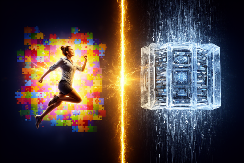 Composition divisée montrant un humain navigant librement dans ARC-AGI-3 versus une IA gelée, illustrant l'écart de performance 100% vs 0,37%