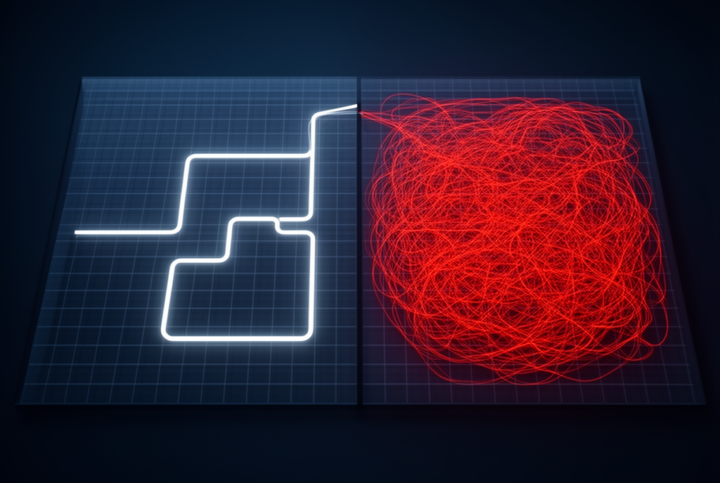 Vue aérienne d'un puzzle de grille ARC-AGI 64x64 montrant la contrast entre l'efficacité humaine (chemin blanc minimal) et la force brute de l'IA (réseau rouge dense)
