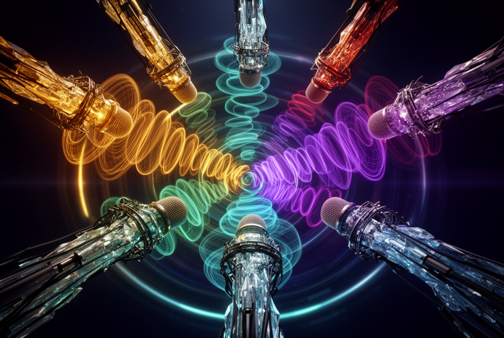 Dix microphones cristallins en formation circulaire émettant des ondes sonores colorées, métaphore du comparatif des 10 assistants vocaux IA en 2026