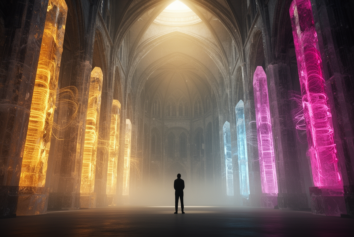 Silhouette contemplant une cathédrale faite d'ondes sonores cristallines avec dix fréquences distinctes, symbole de l'immensité du choix en assistants vocaux IA