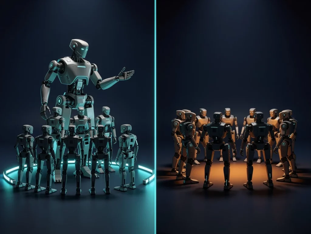 Two distinct robot teams facing each other in a dramatic split-composition scene: on the left, a coordinated hierarchy o…