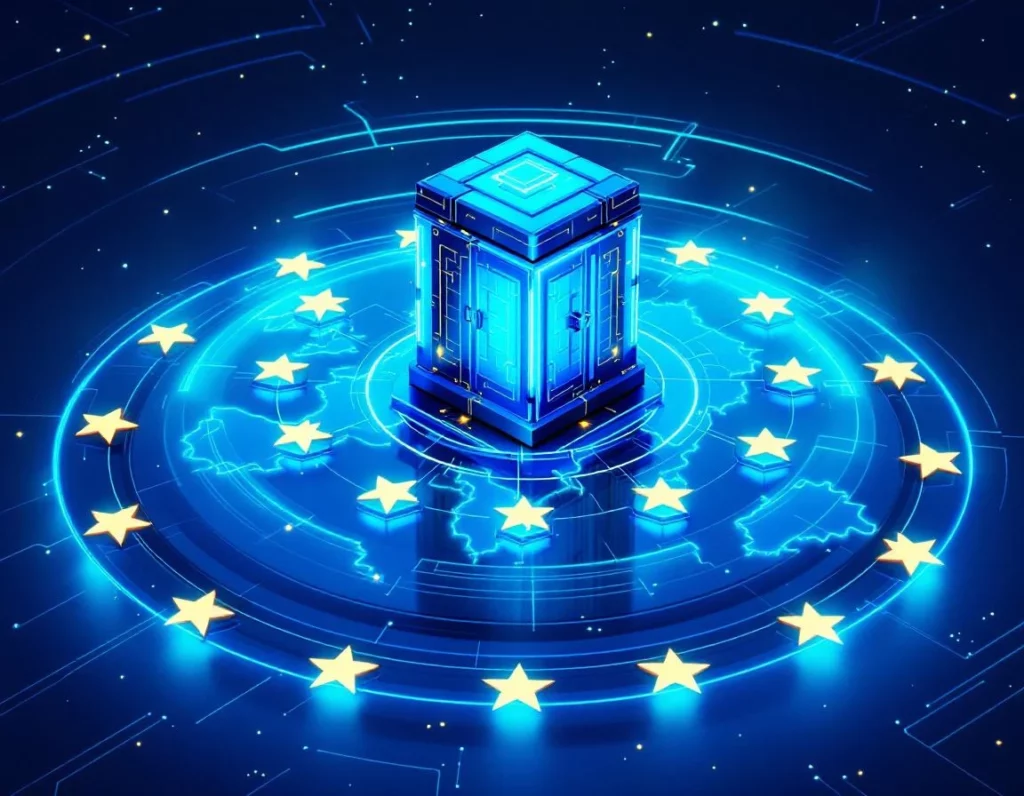 Sovereign European data vault rendered as a monumental geometric fortress structure, floating above a stylized continent…