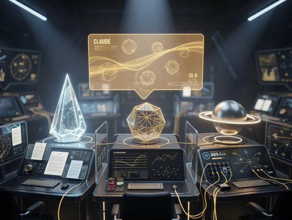 Three distinct AI agents represented as luminous geometric figures in a cinematic control room, each stationed at a spec…