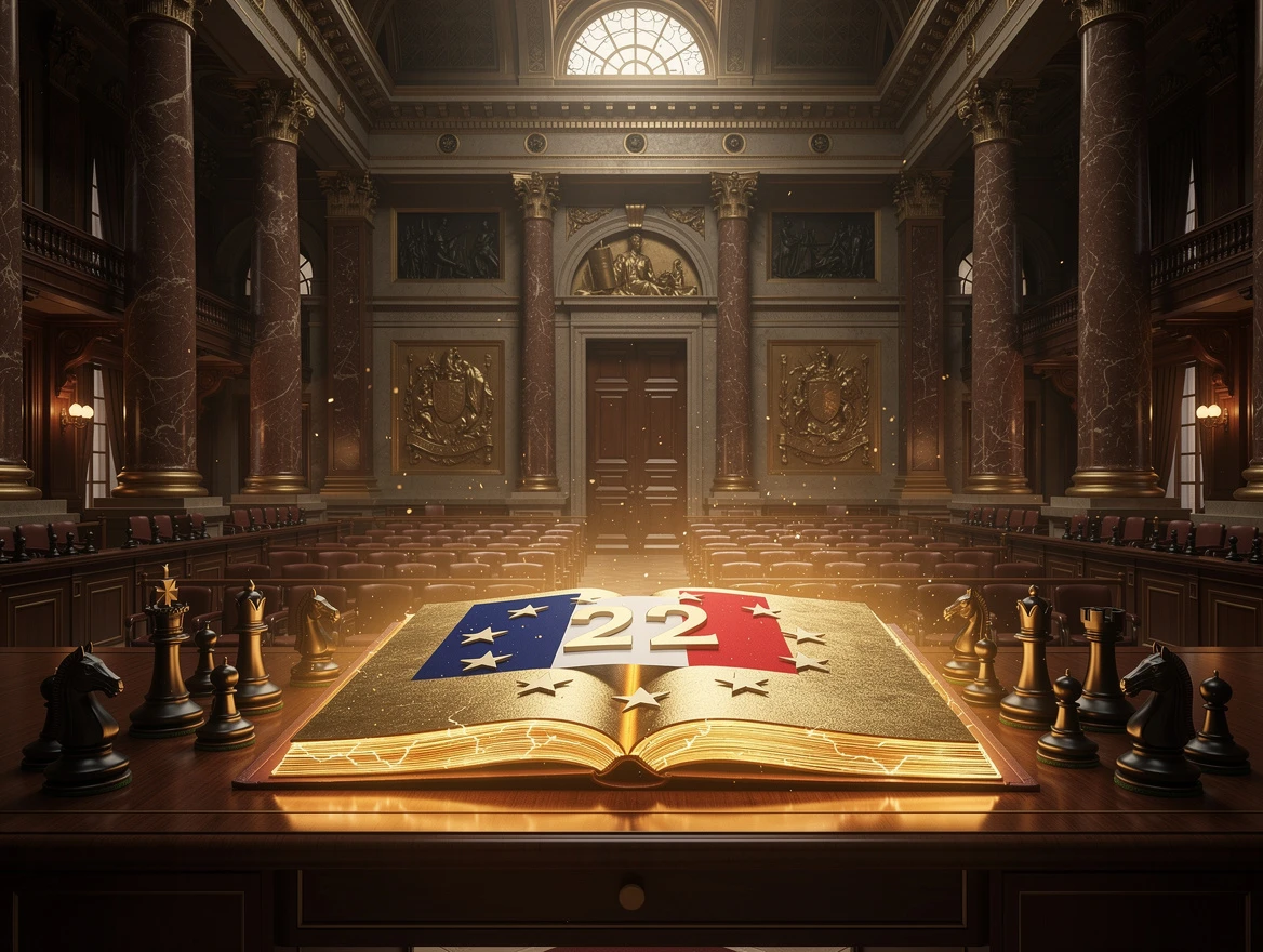 A bold manifesto document bearing the French tricolor and European stars unfolds across a grand neoclassical European pa…