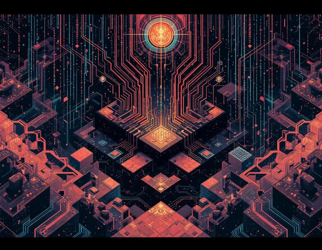 surrealist digital illustration with glitch effects and fragmented mythological iconography, cybersecurity breach visual…