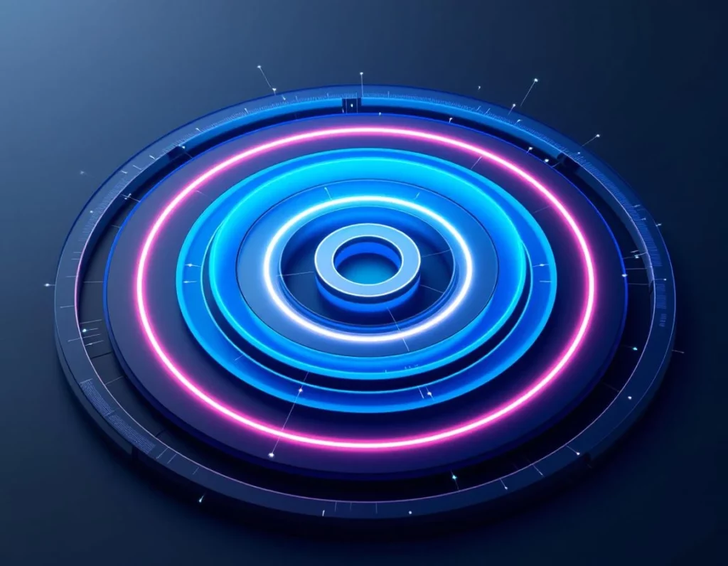 Concentric memory rings arranged in a layered orbital system, each ring representing a distinct context tier — innermost…