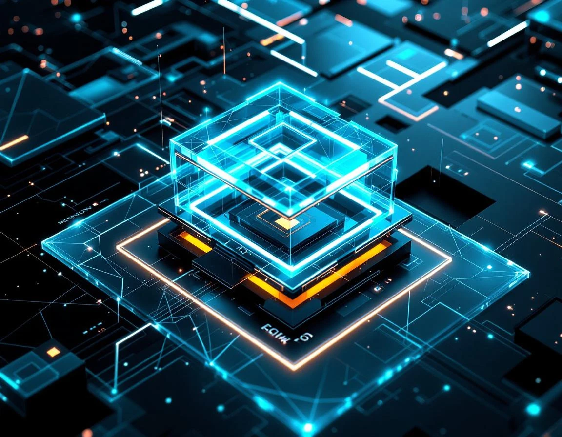 Crystalline geometric design tools floating in a deep cosmic void — angular precision instruments morphing into abstract…