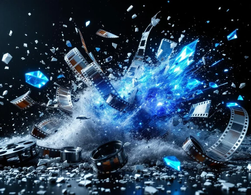 Shattered film reels and celluloid strips exploding outward from a central vortex, colliding mid-air with sharp crystall...
