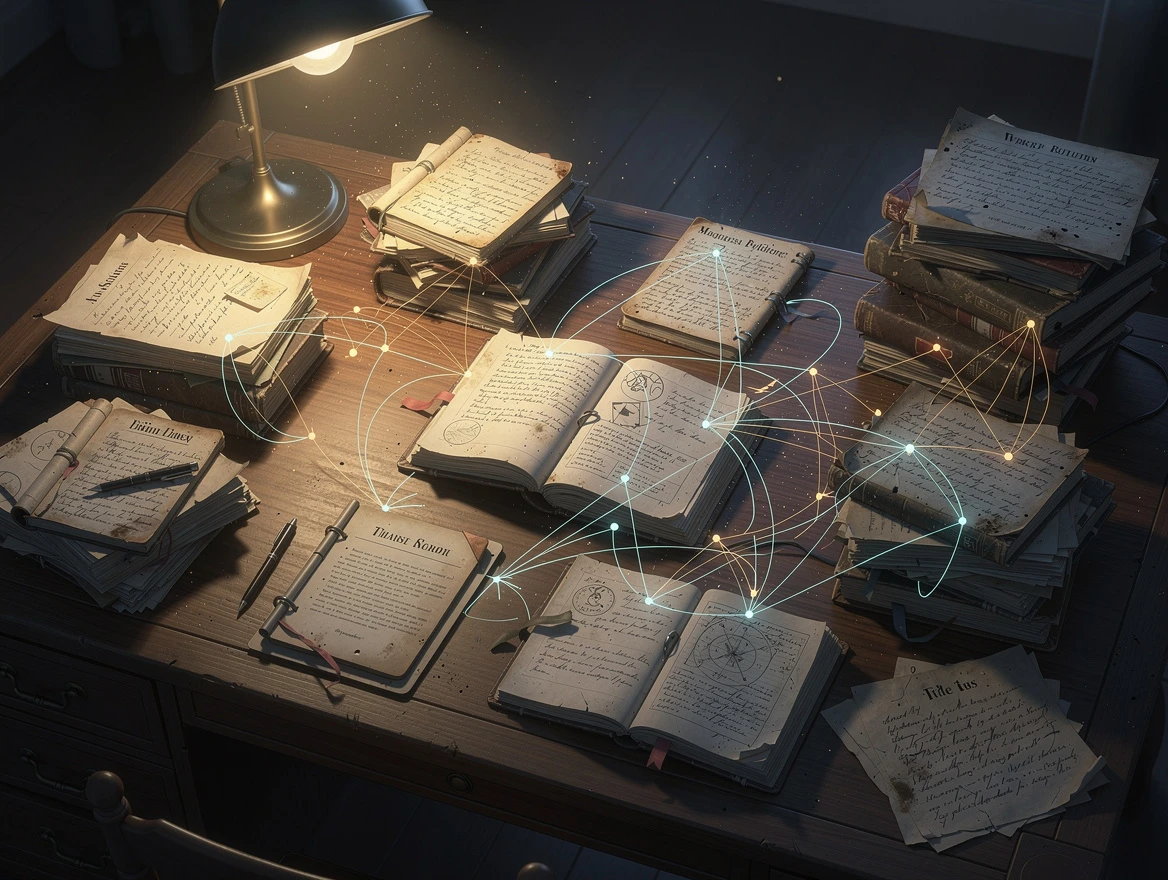 organized knowledge clusters, editorial concept art style, warm lamplight atmosphere, top-down perspective with dramatic…