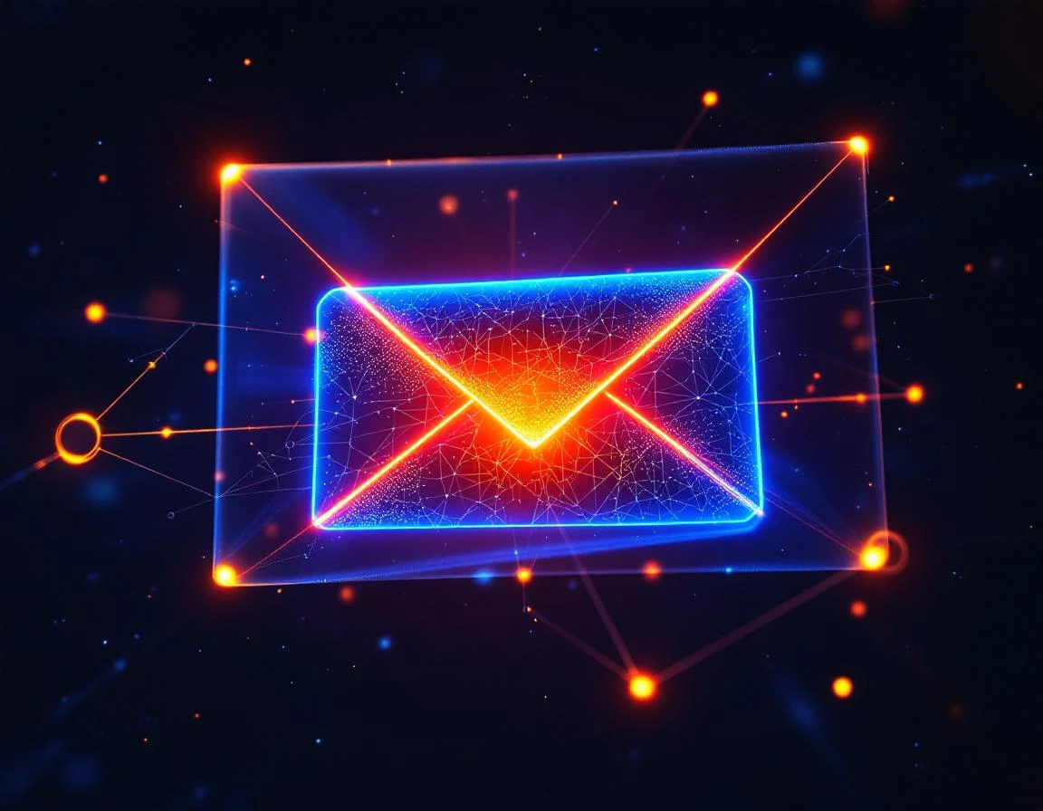 Luminous email envelope constructed from interlocking neural network filaments, floating in deep void space, its translu…