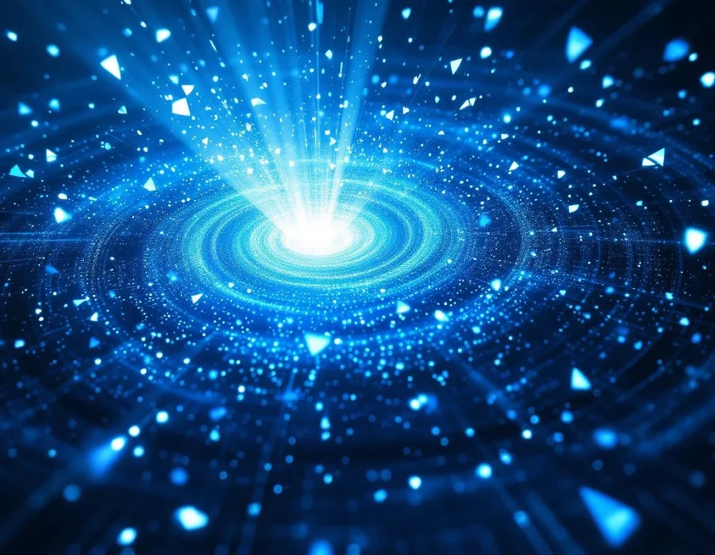 Scattered luminous cyan fragments orbiting a dense magnetic core, pulled inward through invisible force fields across a …