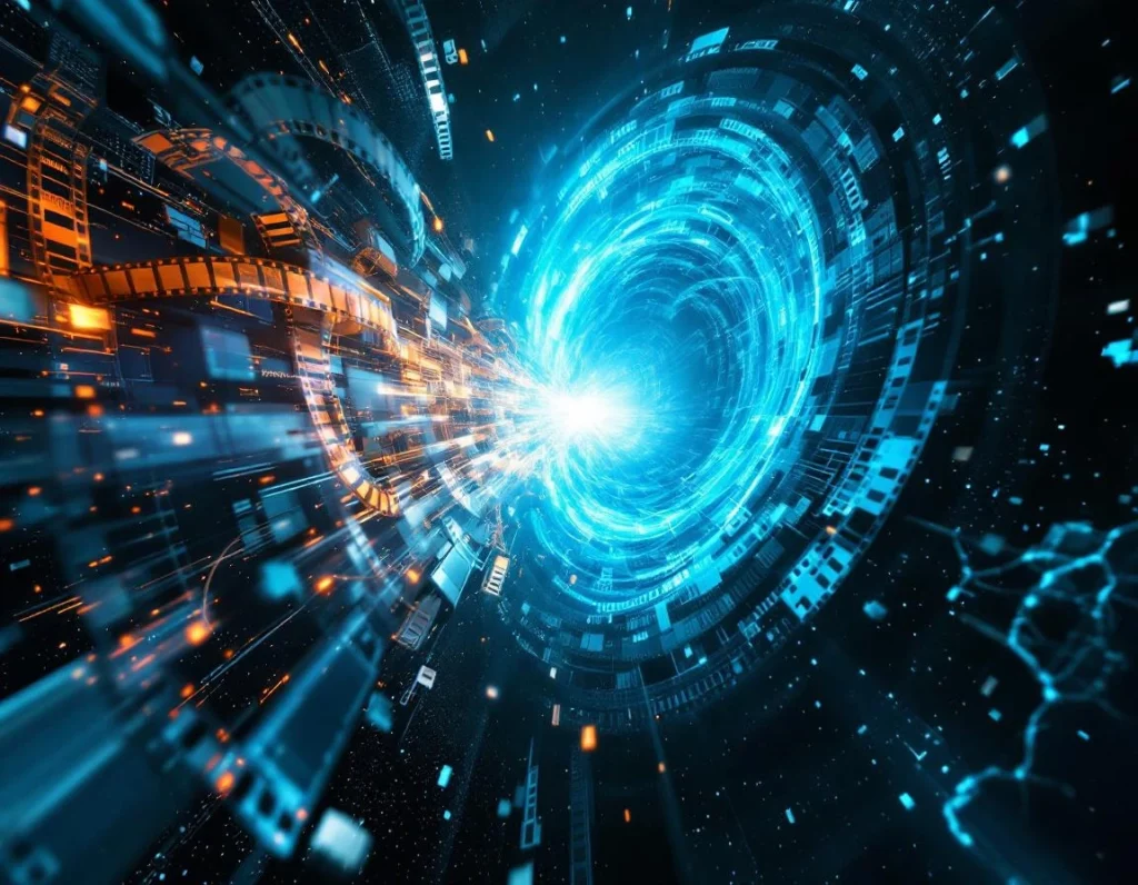 Two colossal digital vortexes — one composed of swirling cinematic film reels and celluloid strips, the other formed fro...