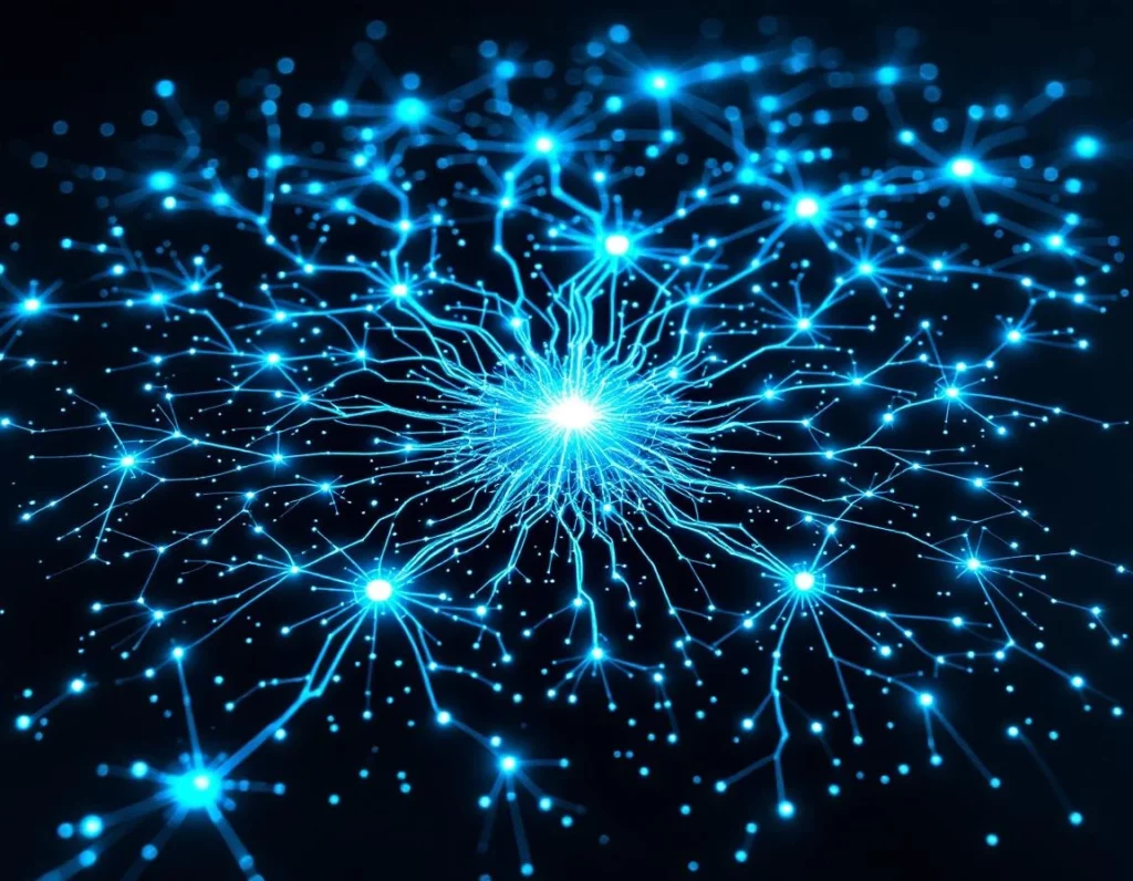 Luminous knowledge tree with crystalline branching pathways radiating outward from a dense central node cluster, each br…