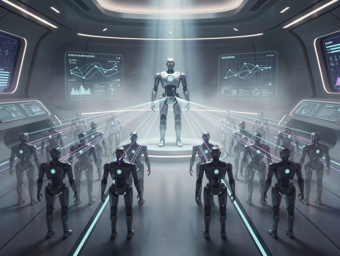 A team of robotic agents arranged in a hierarchical formation, each one connected by glowing threads to a central comman…