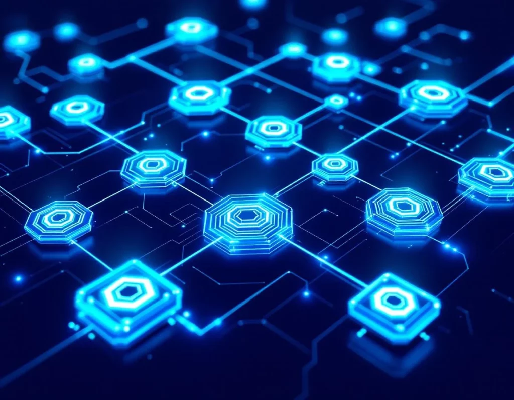 Branching workflow diagram rendered as a luminous geometric tree structure, floating in deep navy space, with electric b…