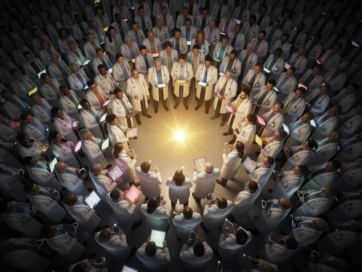 Crowd of one thousand diverse physicians in white coats gathered around a luminous central spark of golden light, each d…