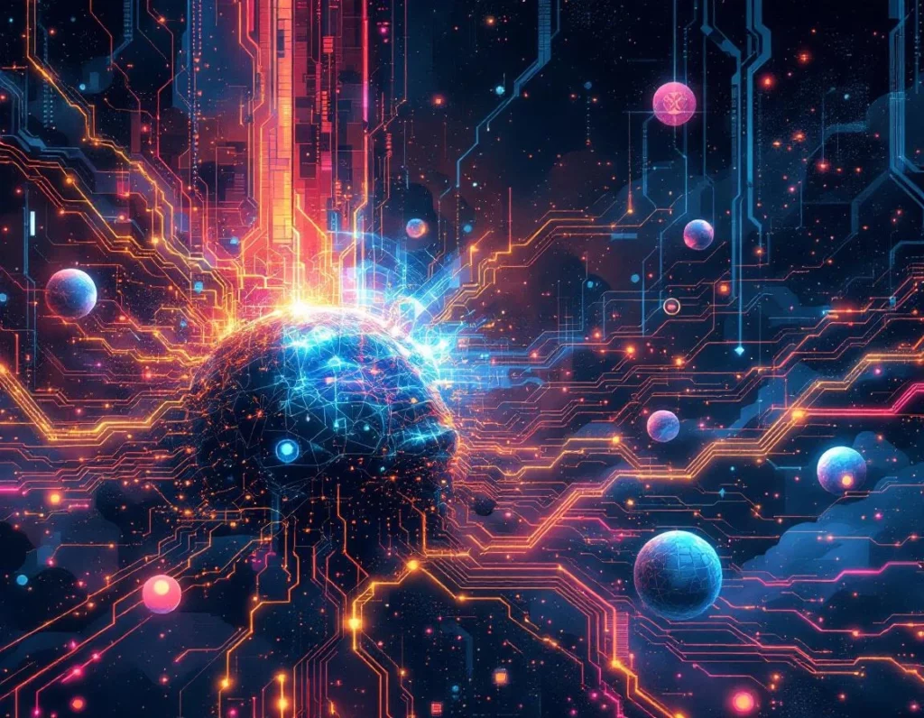 surrealist digital illustration with glitch effects and fragmented mythological iconography, abstract AI neural network …