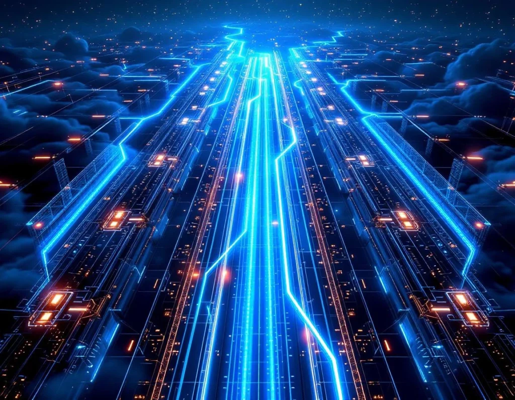 Parallel rivers of luminous cyan energy splitting and merging through a vast three-dimensional cloud architecture, multi…