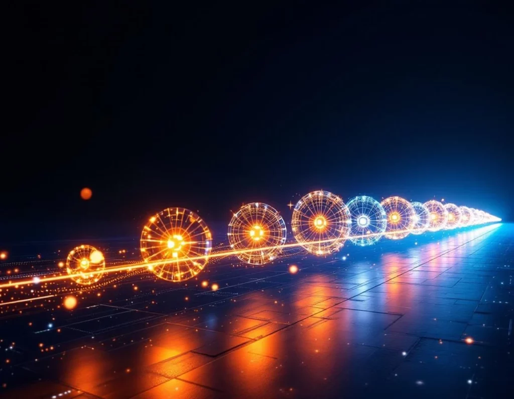 Luminous timeline arc stretching across a deep navy void, marked by glowing amber and electric blue milestones represent…