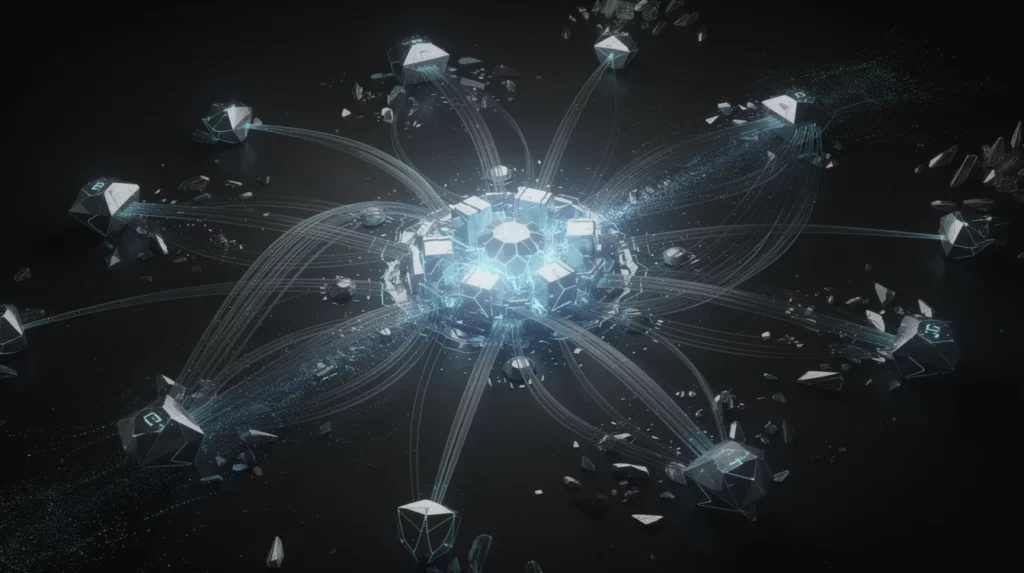 Modular AI agent network rendered as a constellation of interconnected geometric nodes suspended in deep charcoal void, …