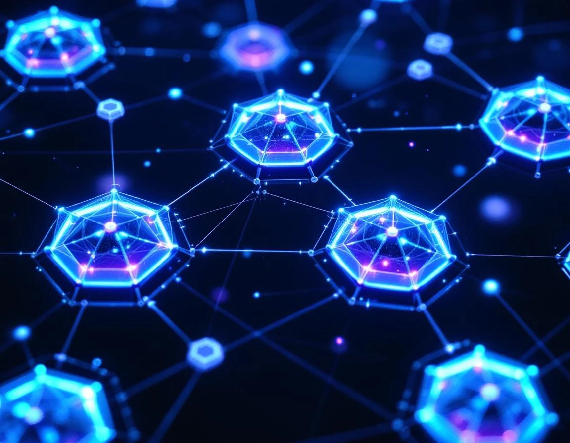 Interconnected geometric workspace nodes arranged in a collaborative honeycomb constellation, each hexagonal pod glowing…