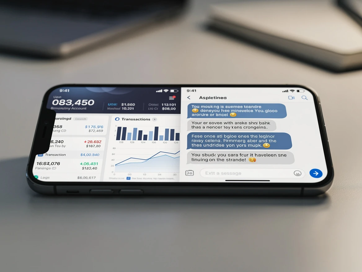 Smartphone screen displaying a banking app interface merging seamlessly with an AI chat interface, split screen composit…