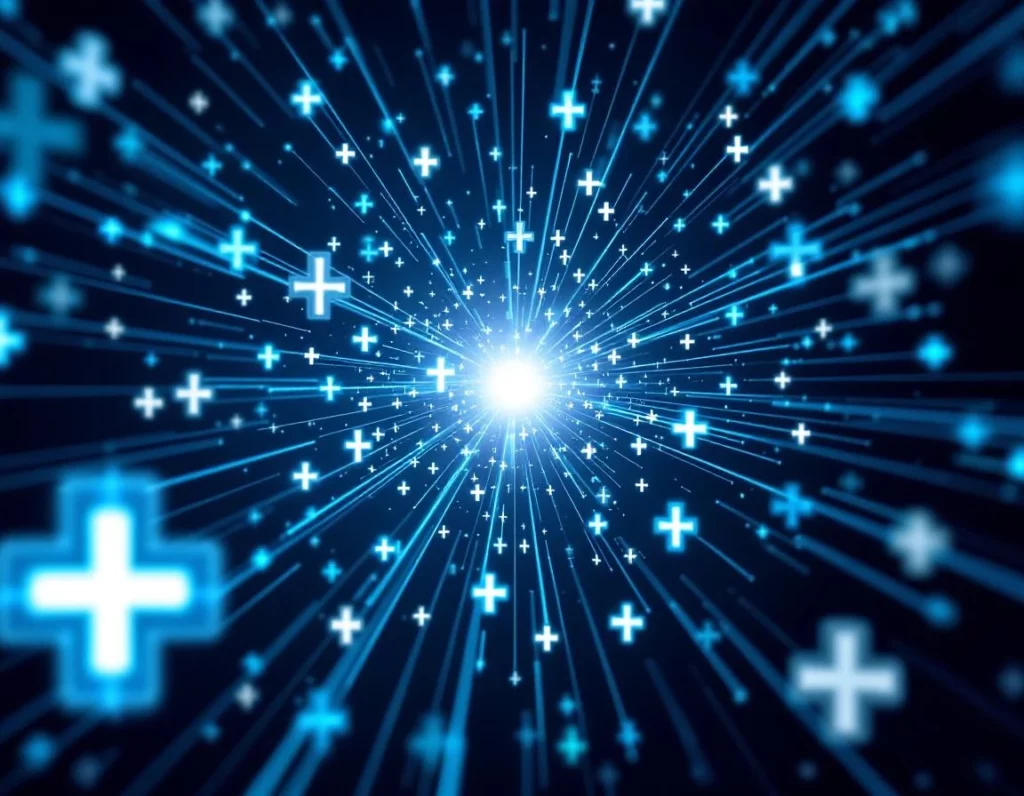 Dozens of distinct luminous streams in cool blue and teal tones converging into a single radiant focal point, each strea…