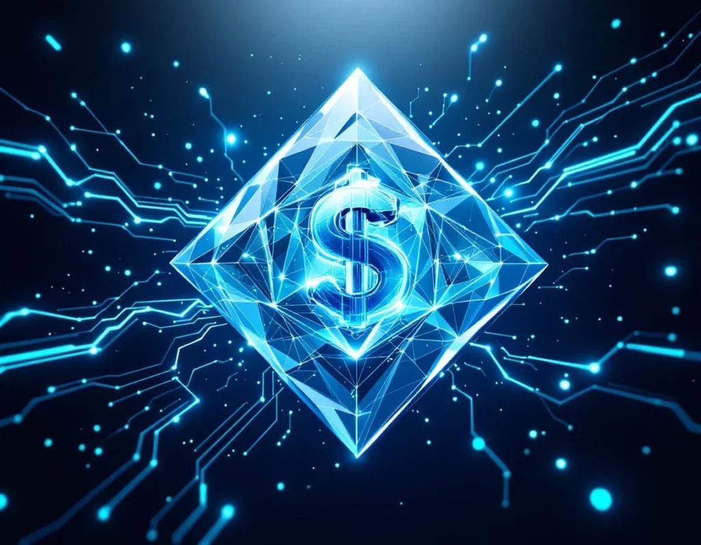 Geometric crystalline vault structure merging seamlessly with flowing abstract financial graph shapes, suspended in deep…