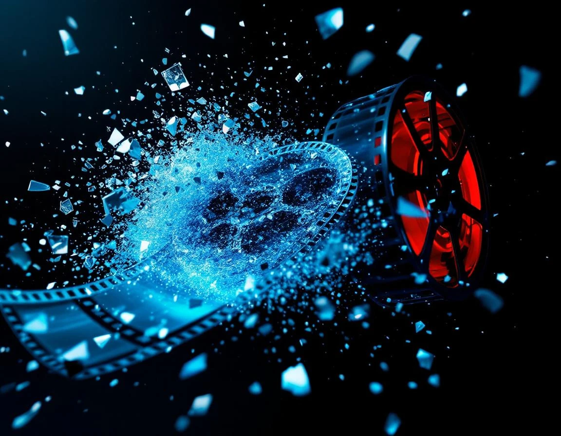 Vintage cinematic film reel physically shattering and dissolving mid-air, its celluloid frames fragmenting into cascadin…