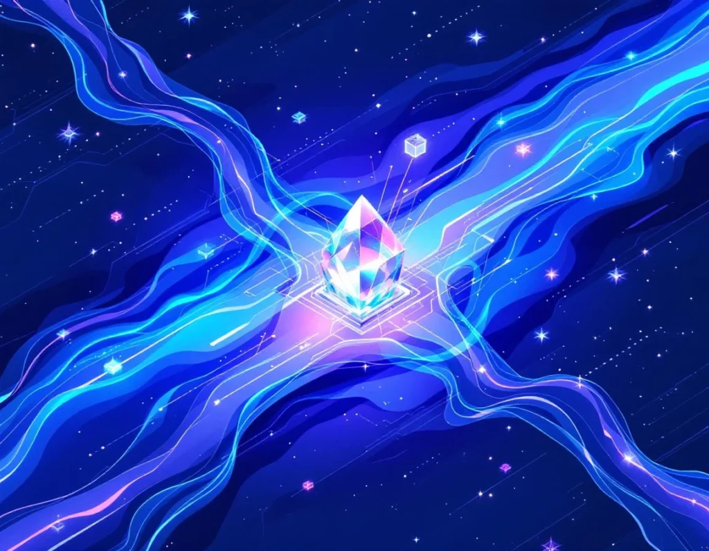 Three isometric workflow rivers in electric blue and violet flowing as separate parallel streams across a vast abstract …