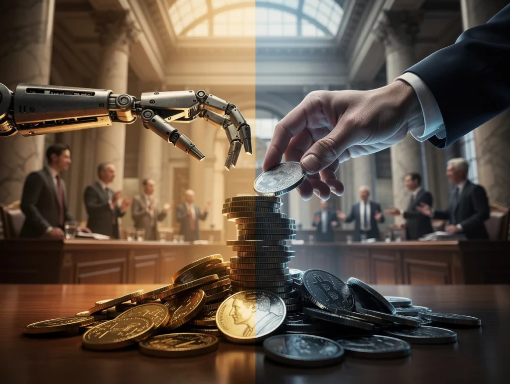 Robotic mechanical arm and human worker hand reaching toward a shared coin stack, inside a grand legislative chamber wit…