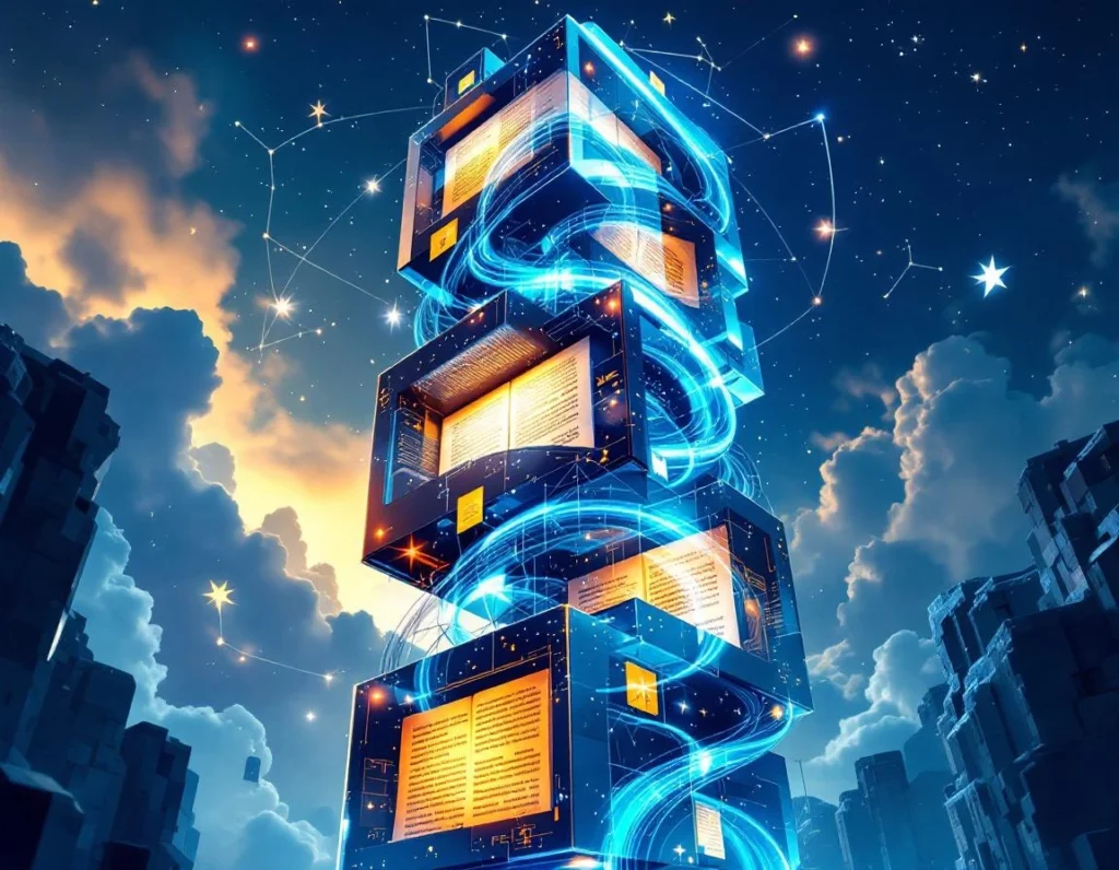 Towering crystalline archive tower rising from a stylized European landscape, its transparent walls containing swirling …