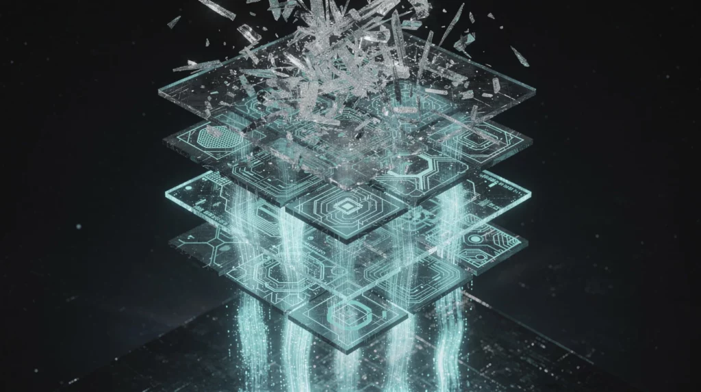 Layered modular architecture diagram rendered as stacked transparent crystalline panels floating in deep space, each glo…