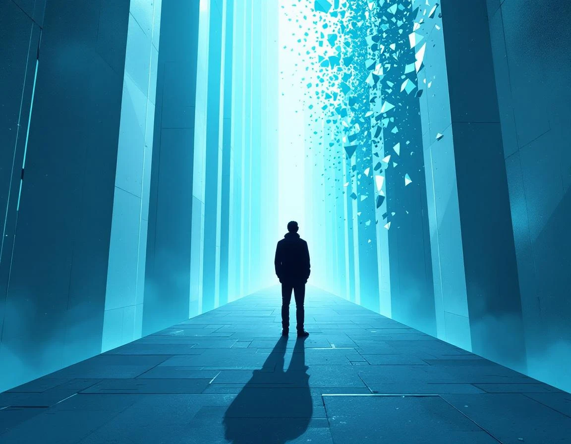 Solitary developer silhouette standing at a luminous fork in a towering abstract pathway, one branch glowing electric cy…