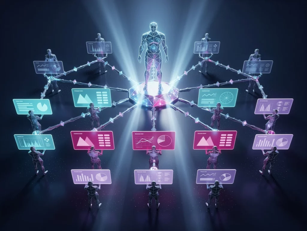 A central AI commander figure rendered as a glowing geometric humanoid silhouette orchestrating multiple smaller agent f…