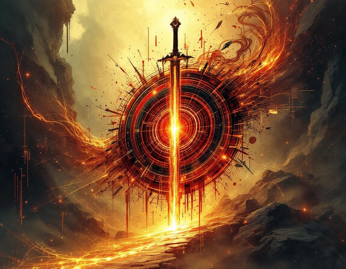 surrealist digital illustration with glitch effects and fragmented mythological iconography, dual shield and sword abstr…