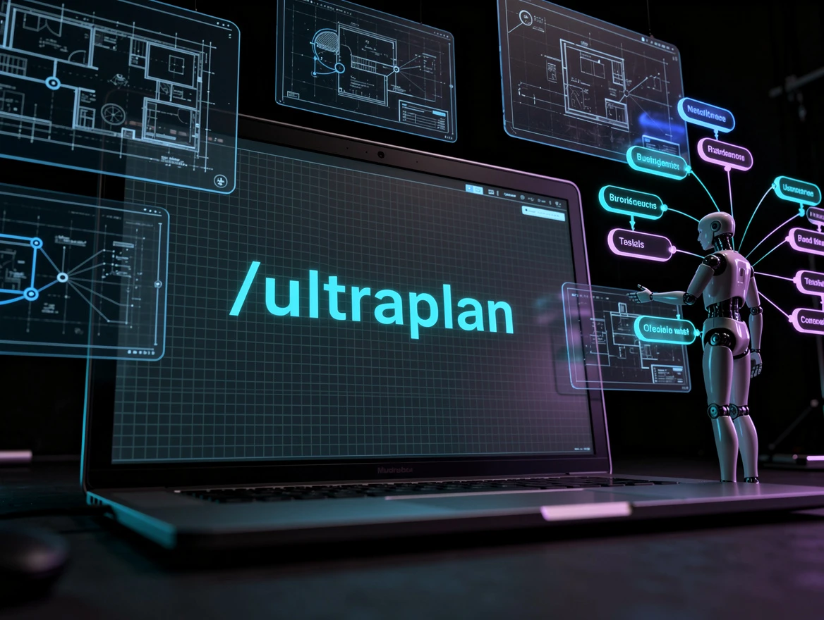 Luminous terminal interface displaying the /ultraplan command typed in glowing cyan text, surrounded by cascading strate…