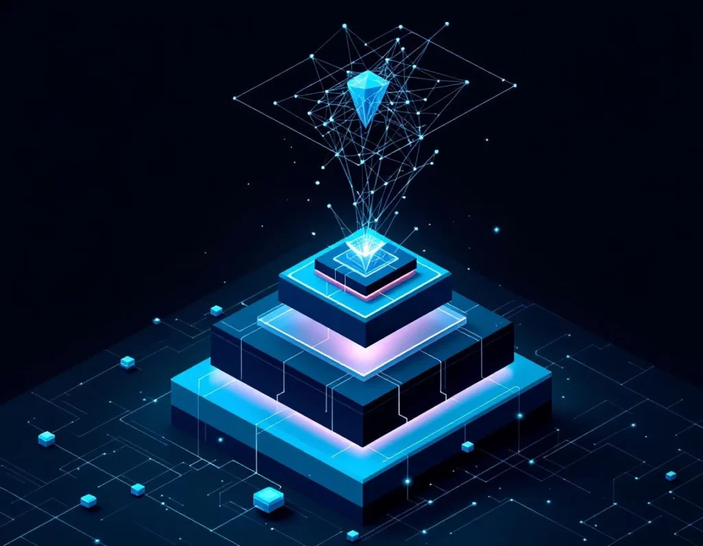 Crystalline knowledge graph architecture rising in layered tiers, where abstract document nodes at the base feed upward …