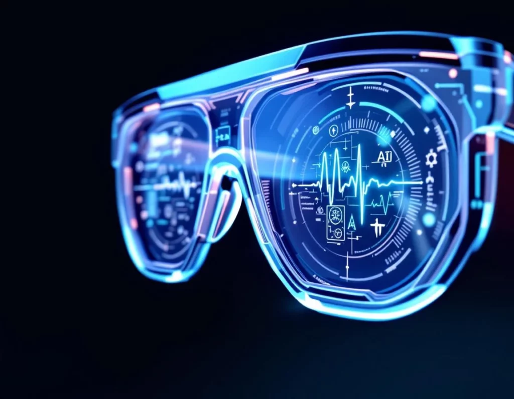 Futuristic smart glasses floating in mid-air, their lenses projecting layered translucent medical diagnostic overlays — …