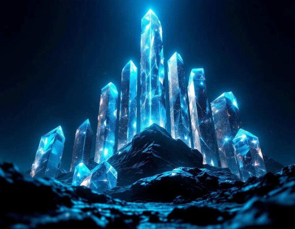 Towering crystalline pillars of varying heights rising from a dark charcoal platform, each pillar radiating electric cya…