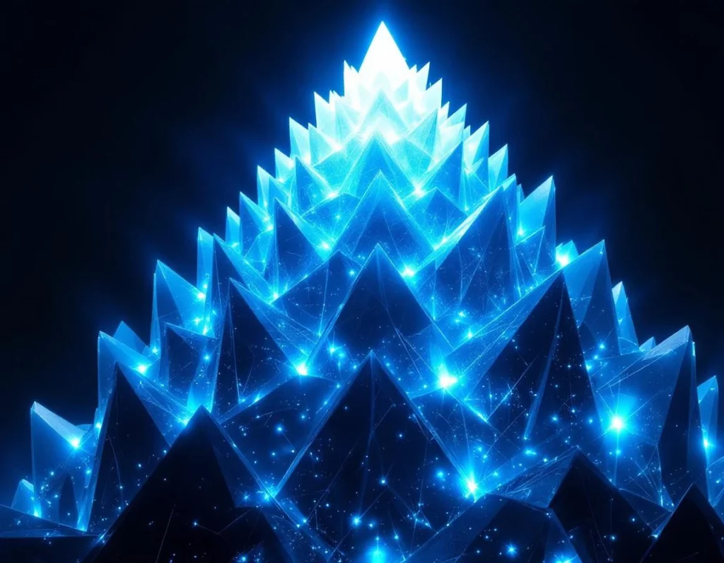 Crystalline geometric structure resembling a tiered architectural hierarchy of luminous prisms, ascending in precise lay…