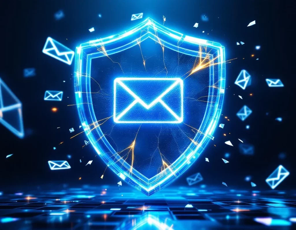 A translucent crystalline shield hovering protectively over a cluster of glowing envelope silhouettes suspended mid-air,…