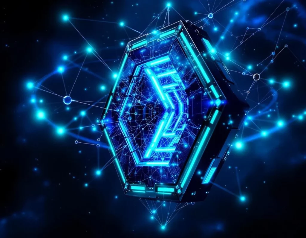 Fortified digital vault suspended in deep space, constructed from interlocking geometric hexagonal panels radiating elec…