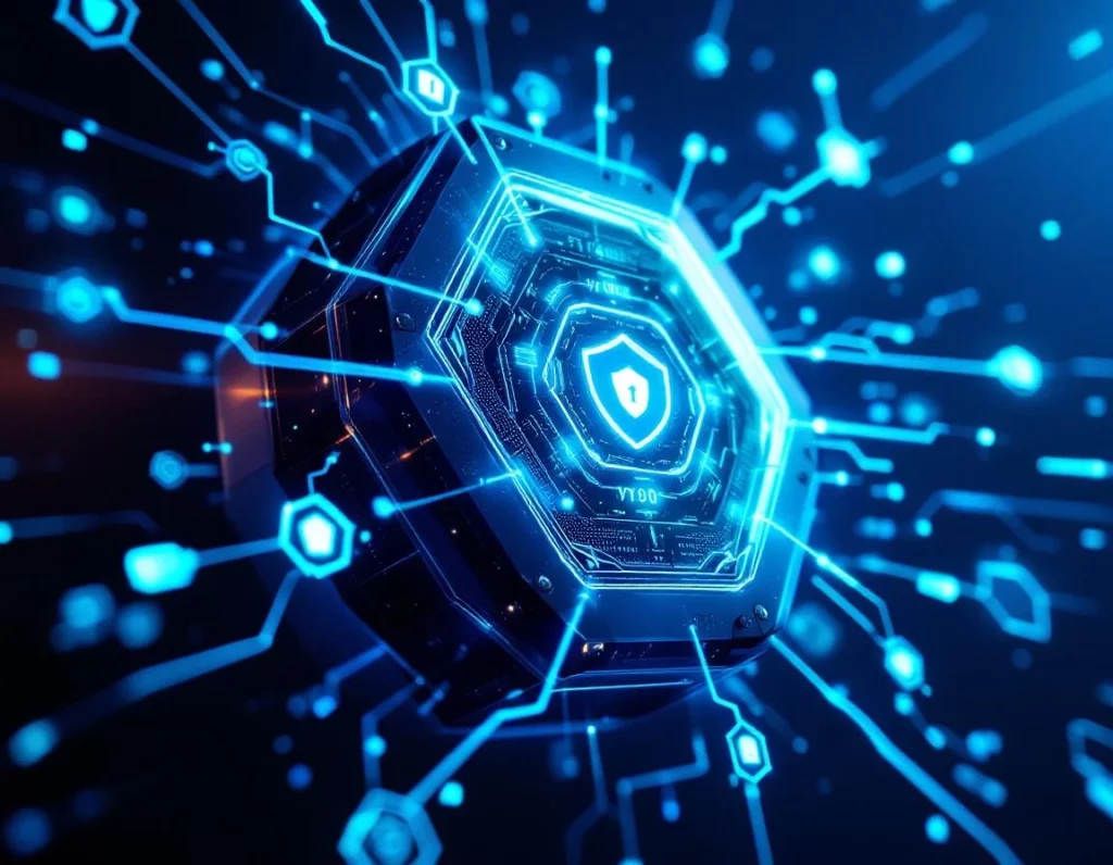 Geometric vault structure composed of interconnected hexagonal financial data nodes, floating in deep navy space, with e…