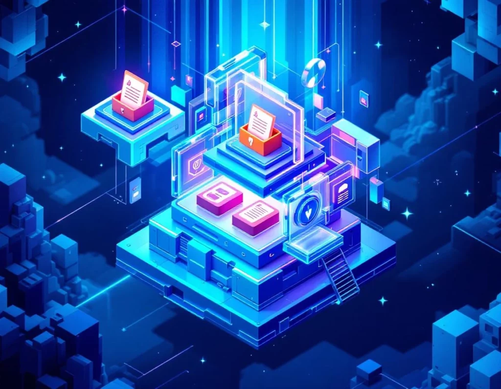 Isometric digital vault rendered as a crystalline geometric fortress, floating in deep electric blue space, surrounded b…