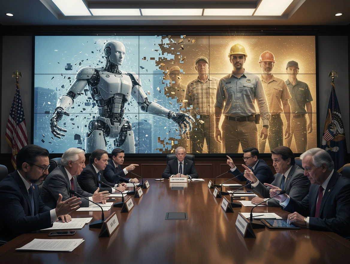 Skeptical American politicians and policy advisors gathered around a large hearing room table, visually divided by a sym…