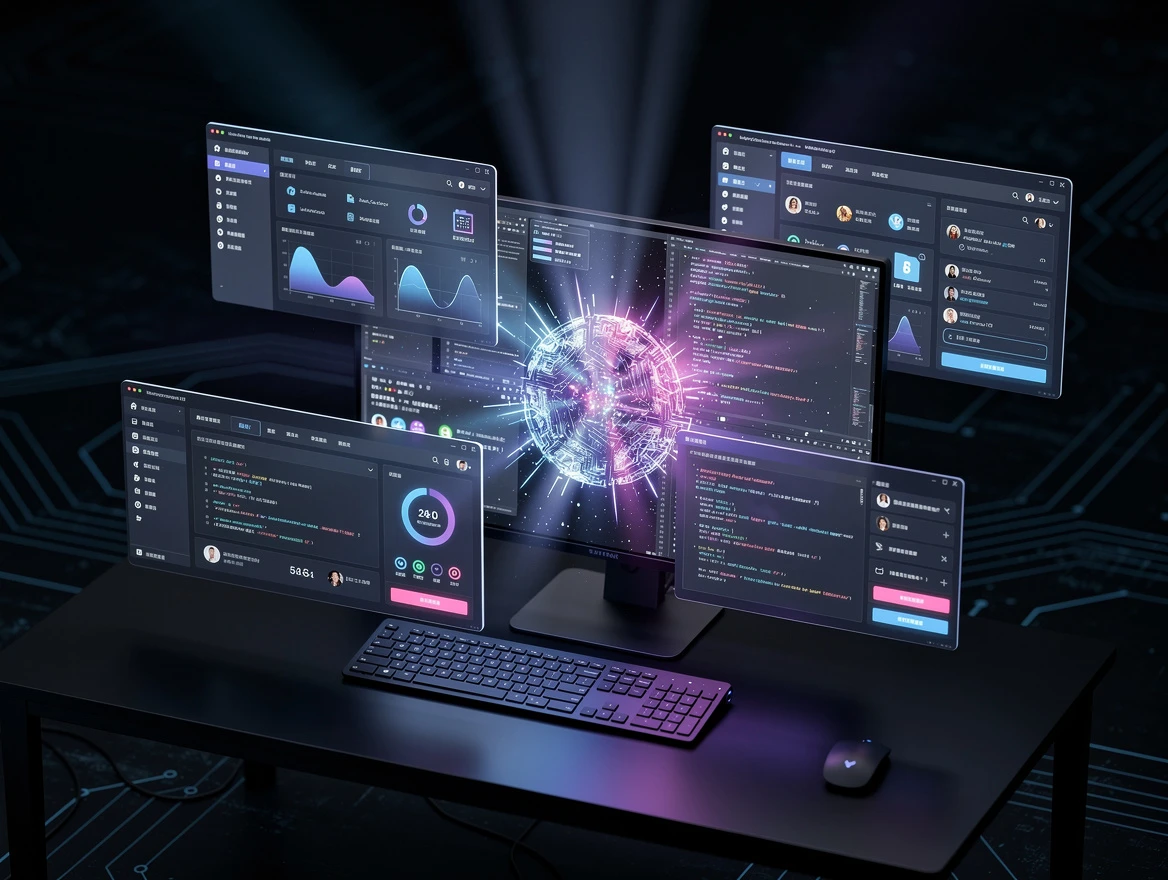 Autonomous AI agent controlling a desktop computer interface, multiple browser tabs and application windows simultaneous…