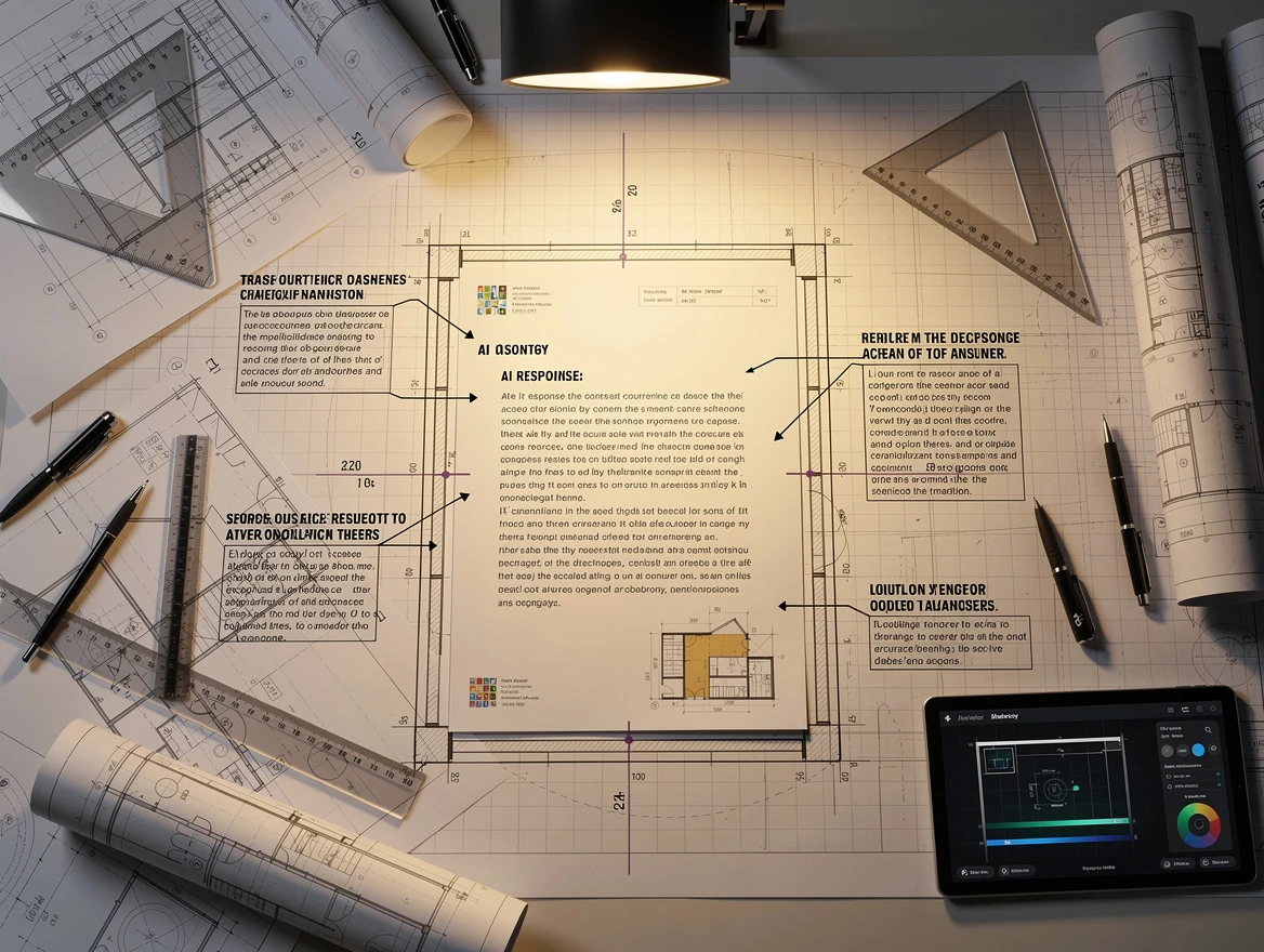 Architect's blueprint table with precise contextual annotations layered around a central AI response document, each anno…